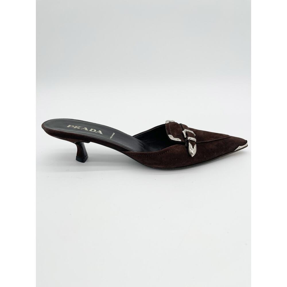 Prada Retro Vintage Y2K Brown Suede Western Buckle Kitten Heel Mules IT 35 - Picture 3 of 10